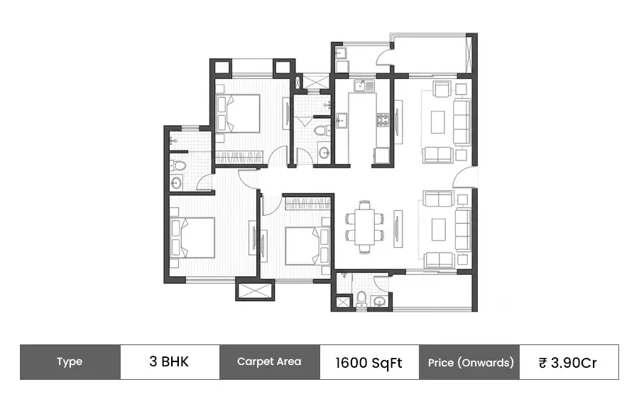 Adani Codename LIT Launching Phase 2 3 BHK floor plan, 1600 sq ft carpet area